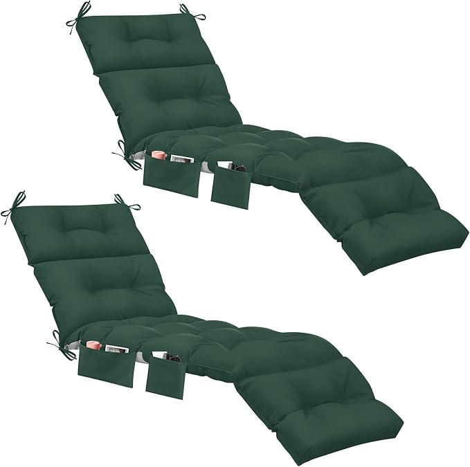 Kigley 2 Pcs Outdoor Chaise Lounge Cushions with 3 Side Pocket 74.5 x 22 x 4.7 Inch Patio Chaise Lounge Cushion, Water-Repellent and Fade-Resistant Tufted Summer Replacement(Dark Green)