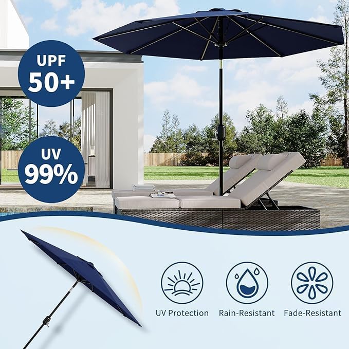 Garvee 10FT Patio Umbrella - Outdoor Table Umbrella with Crank Lift & Push Button Tilt - Market Umbrella 8 Sturdy Ribs UV Protection for Pool, Deck, Yard, Garden - Navy Blue