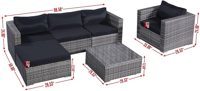 Tangkula Patio Furniture Set 6 Piece Outdoor Lawn Backyard Poolside All Weather PE Wicker Rattan Steel Frame Sectional Cushioned Seat Sofa Conversation Set (Gradient Gray with Black Cushion Cover)