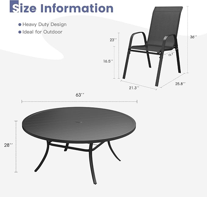 VICLLAX Round Patio Dining Set for 10, Metal Slatted Patio Table with Umbrella Hole and Stackable Patio Chairs for Deck Lawn Garden, Black Fabric and Black Tabletop