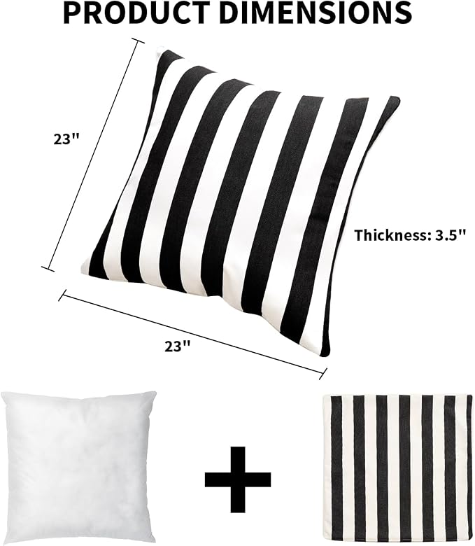 2 Pack Outdoor Throw Pillows 23" Square Cushion Black Stripes | Water-Resistant Outdoor Cushions,Decorative Pillows with Insert for Patio Garden Porch,Black Stripes
