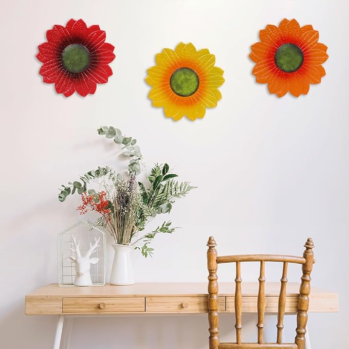 YEAHOME Sunflower Wall Decor - 9 inch Metal Flower Wall Art Decorations, Sunflower Yard Garden Decor Hanging for Kitchen, Bathroom, Bedroom,Handmade Gift for Home, Indoor or Outdoor (Set of 3)