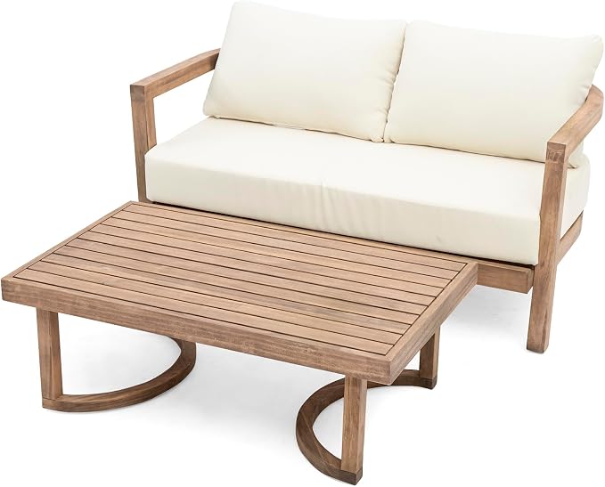 Merax 2-Piece Outdoor Acacia Wood Loveseat Sofa Couch with Coffee Table,Patio Furniture Conversation Set for Backyard