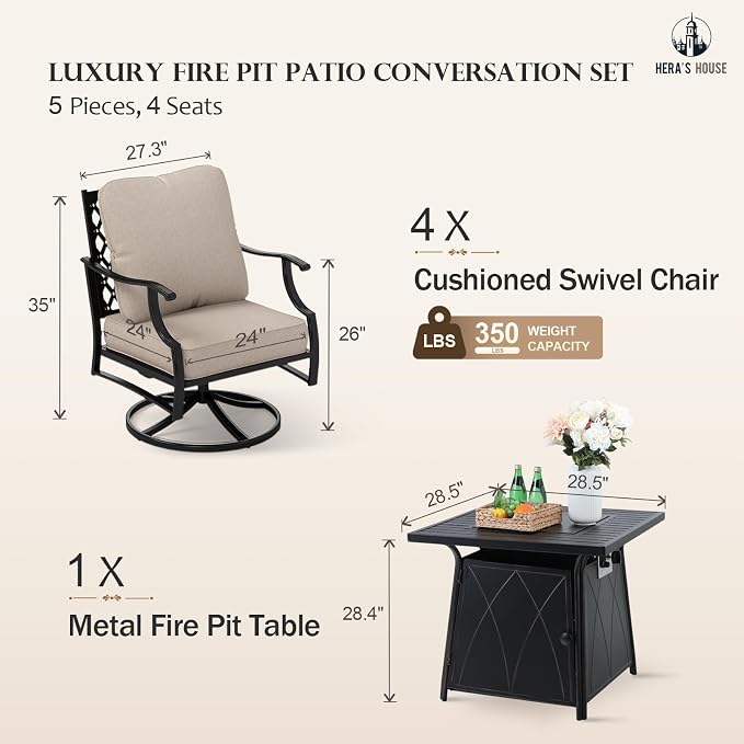 HERA'S HOUSE 5 Pieces Fire Pit Patio Furniture Set, 4 x Thick Cushioned Swivel Chairs with 28" Fire Pit Table (50,000 BTU), Outdoor Conversation Set for Garden, Backyard, Lawn