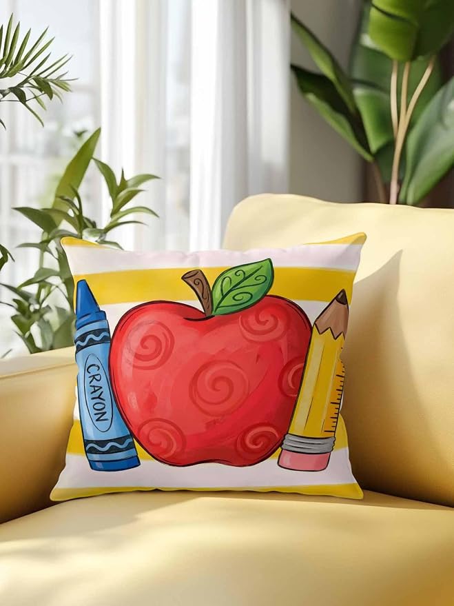 1 Pack Outdoor Throw Pillow, Children's Day Waterproof Pillow with Insert Included, Funny Cartoon Pencil Yellow Striped Decorative Accent Cushion Sofa Pillows for Patio Porch, 16 x 16 in