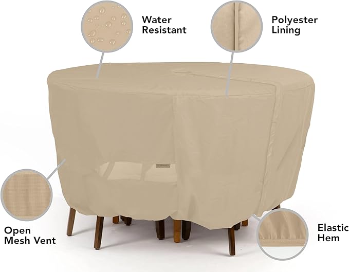 Covermates Classic Round Dining Table Cover – All-Weather Outdoor Table Protection, Water-Resistant Vinyl, Elastic Hem, Mesh Vents, Patio Furniture Cover, 48DIAMETER x 25H, Classic Tan