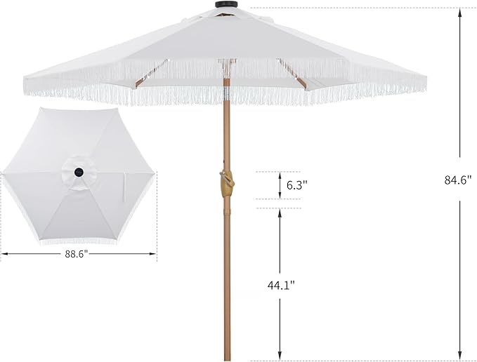 GDY 7.5ft Tassel Patio Umbrella and Matching Base, Outdoor Table Umbrella with 18 LED Lights,Market Umbrella with 6 Sturdy Ribs, with Push Button Tilt and Crank, Bright White