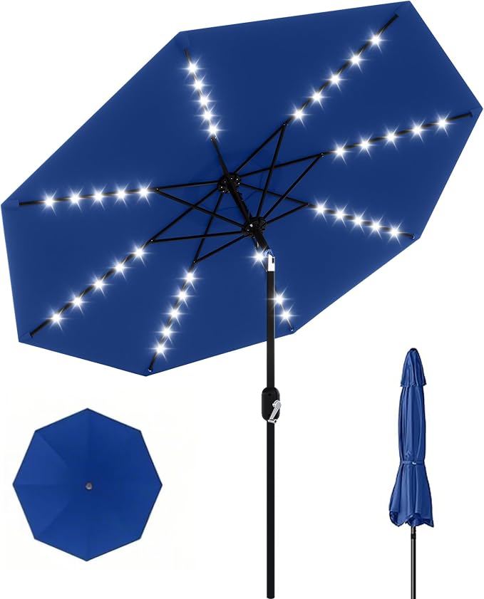 GarveeLife 10 ft Patio Umbrella with Solar Lights, 8 Ribs Outdoor Market Table Umbrella with 40 LED Lights & Tilt Crank for Pool, Deck, Backyard (Navy Blue)
