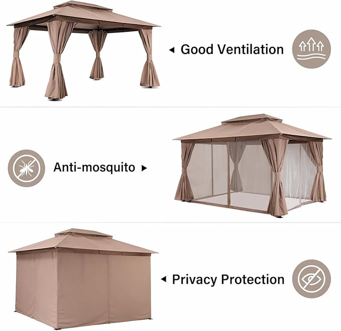 LAUSAINT HOME Patio Gazebo 10'x13', Outdoor Heavy Duty Party Tent Shelter with Double Roofs, Mosquito Nettings and Privacy Screens for Backyard, Garden, Lawn, Khaki