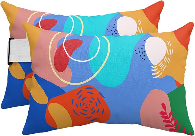 Outdoor Pillows Covers with Inserts Boho Abstract Geometric Teal Blue Orange Waterproof Recliner Pillow with Adjustable Strap Throw Pillows for Patio Furniture Pool Lounge Chair, 12x20 inch, 2PCS