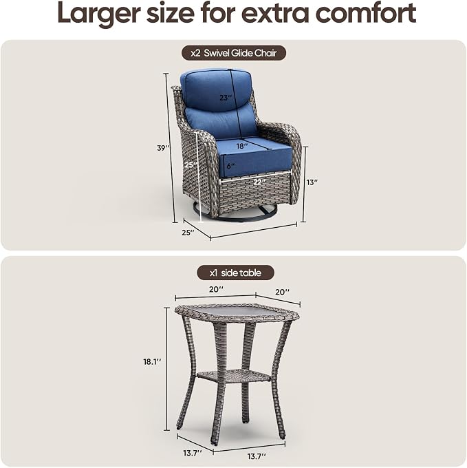 Swivel Patio Chairs Set of 3 with 6" Thick Cushion - Wicker Outdoor Swivel Rocker Patio Chairs with Side Table, High Back Comfortable Outdoor Glider- Grey Wicker | Blue Cushions