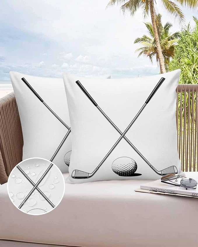 Vandarllin Outdoor Throw Pillows Covers 18x18 inch Set of 2 Waterproof Golf Ball Club Decorative Zippered Cushion Covers for Patio Furniture, Game Sports Lumbar Pillowcases