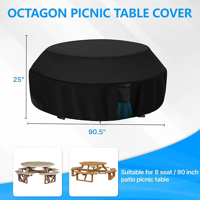 Octagon Picnic Table Cover, 90 In Patio Picnic Table Cover Waterproof Outdoor Fits 8-Sided Tables, 90.5"D x25"H