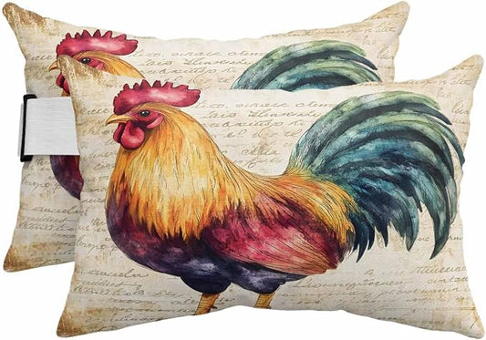 Pack of 2 Outdoor Lumbar Cushions with Inserts, Vintage Rooster Farm Animal Waterproof Fluffy Fade Body Pillows, Patio Furniture Pillow for Home Balcony Garden Decor 12x20IN