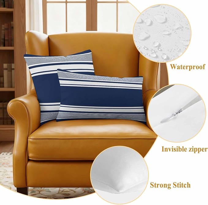 Outdoor Waterproof Throw Pillow Covers, Navy Blue Striped Decorative Pillow Cases, Modern Color Block Farmhouse Stripes Couch Pillow Protector Patio Sofa Cushion Covers Replacement 16"x16" 2 Pack