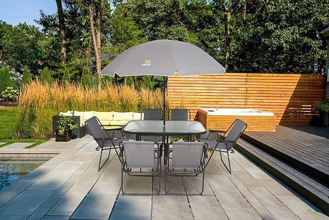 Nice C Outdoor Dining Sets, Patio Furniture Set, 8 Piece Set with Umbrella, Garden Outdoor Furniture Table Set with Removable Umbrella, Glass Table, and 6 Folding Chairs (Grey)
