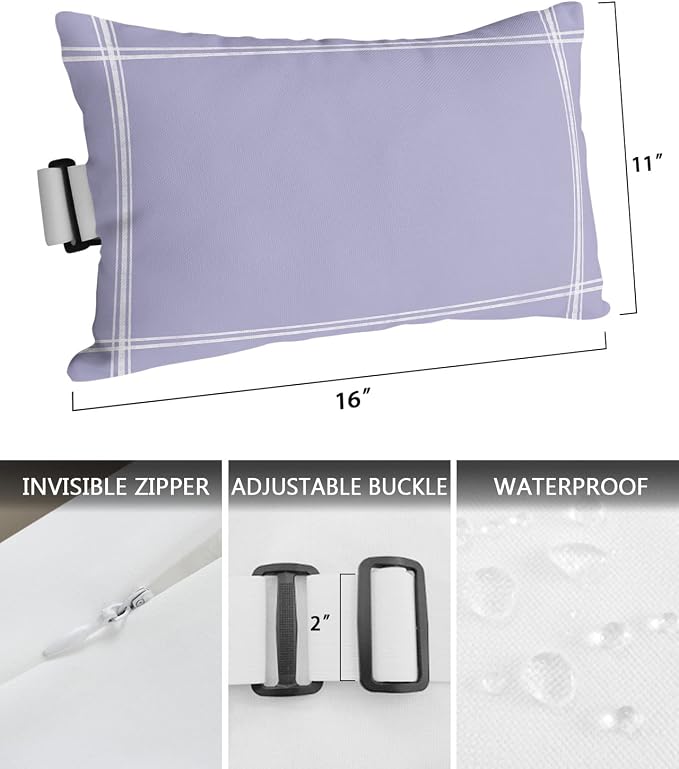 Outdoor Pillows Covers with Inserts Solid Color Medium Purple Waterproof Recliner Pillow with Adjustable Strap Throw Pillows for Patio Furniture Pool Lounge Chair, 11x16 inch, 2PCS
