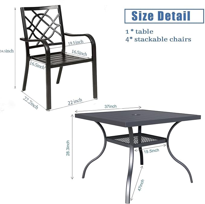Crownland 5 Piece Patio Dining Set, 4 Stackable Metal Chairs and Square Outdoor Dining Table with 1.57 inch Umbrella Hole (Metal Tabletop), Black