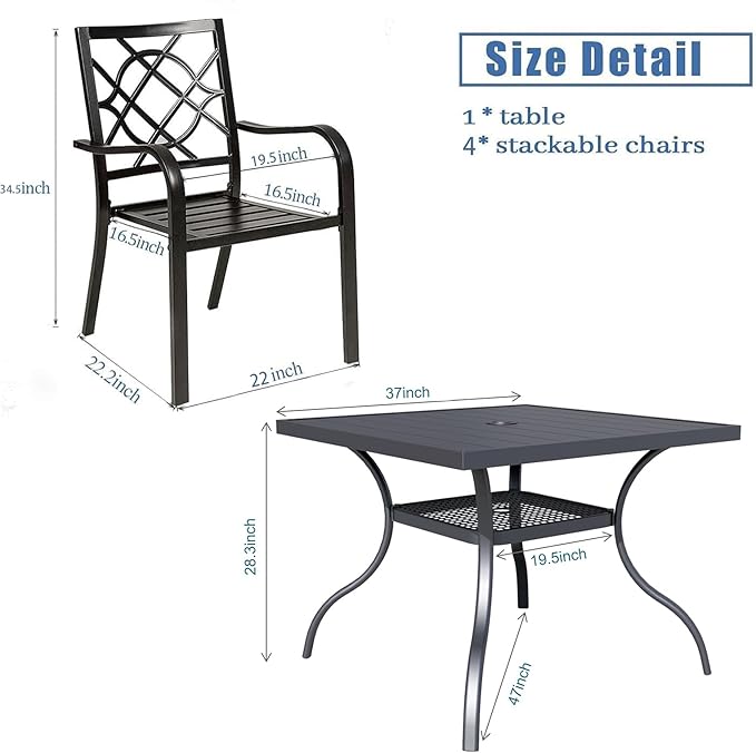 Crownland 5 Piece Outdoor Dining Set, Patio Metal Dining Sets, 4 Stackable Metal Chairs and Square Outdoor Dining Table with Khaki 9FT Round Outdoor Umbrella, for Backyard, Garden (Classic Black)