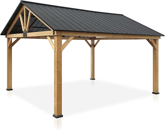 EAGLE PEAK 13x15 Hardtop Gazebo, Exposed Beam A-Frame Gazebo, Galvanized Steel Gable Roof with Cedar Wood Frame, Outdoor Pavilion for Patio, Deck, Lawn and Garden, Natural Wood/Black