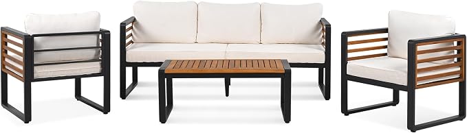 SOFTSEA 4-Piece Outdoor Patio Furniture Set, Acacia Wood Patio Conversation Set with Coffee Table, All-Weather Patio Sofa Set with Thick Cushions & Sturdy Metal Legs for Backyard Garden Balcony, Beige