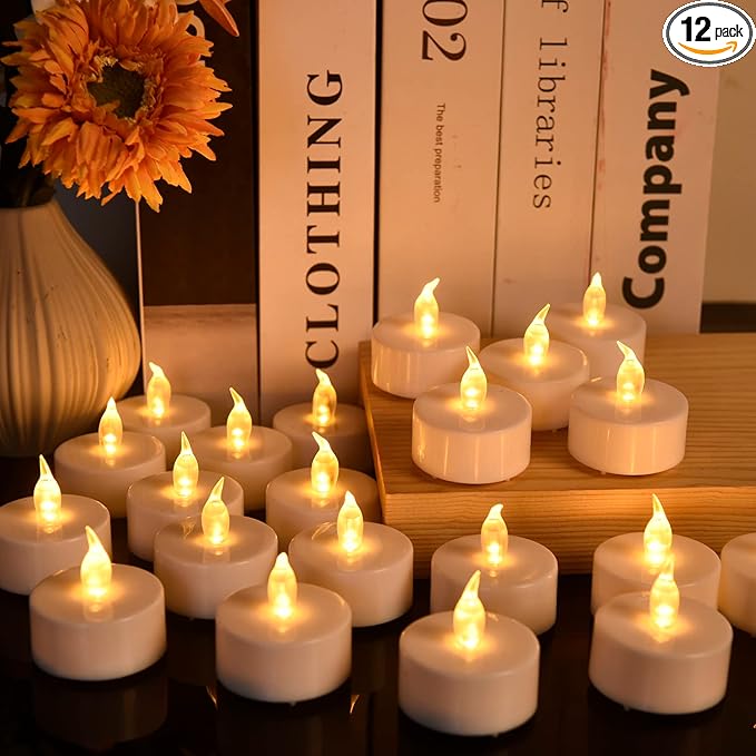 Tea Light, 12 Pack Flameless LED Tea Lights Candles Flickering Warm Yellow 200+ Hours Battery-Powered Tealight Candle. Ideal for Party, Wedding, Birthday, Gifts and Home Decoration (12 Pack)