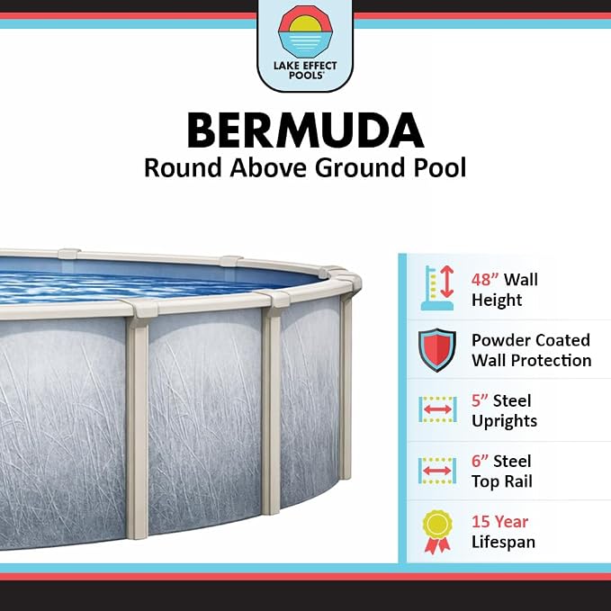 Lake Effect Pools 'Bermuda' 18 ft Round Above Ground Swimming Pool | 48 Inch Walls | 6" Steel Top Ledge | Bundle Includes: 25 Gauge Overlap Liner & Widemouth Skimmer