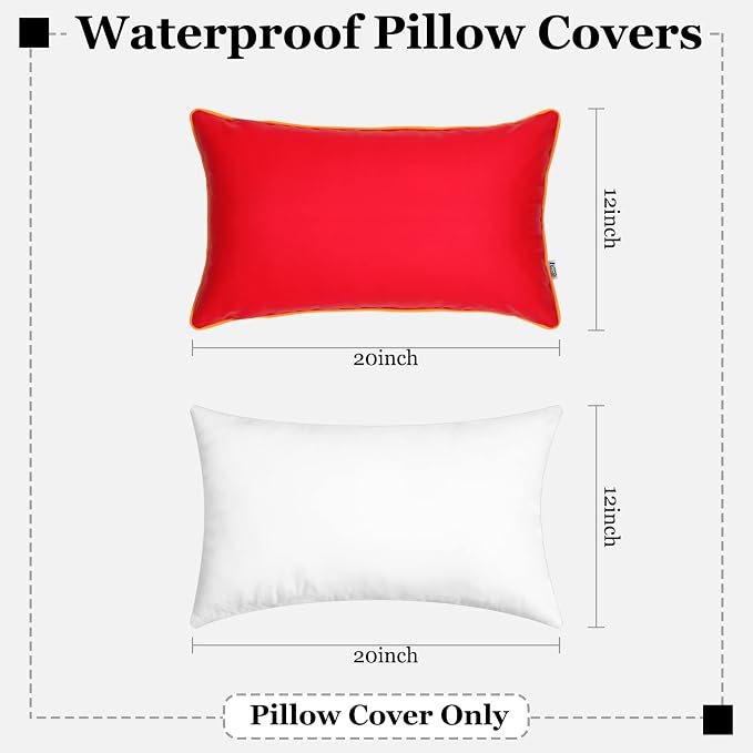 Silicone Leather Outdoor Waterproof Pillow Cover with Piping Outside Fadeproof Red Lumbar Pillows for Patio Furniture Bench House Couch 12x20 Inch, Pack of 2