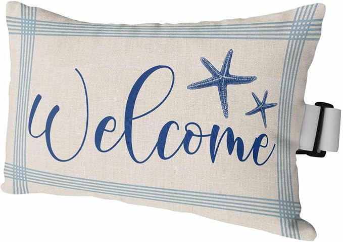 Outdoor Pillows for Chaise Chair Set of 1 Welcome Word on Stripe Headrest Pillow Waterproof Pillows with Insert for Beach,Patio Office,Pool Recliner, Seaside Blue Starfish Line Stripes 11x16IN