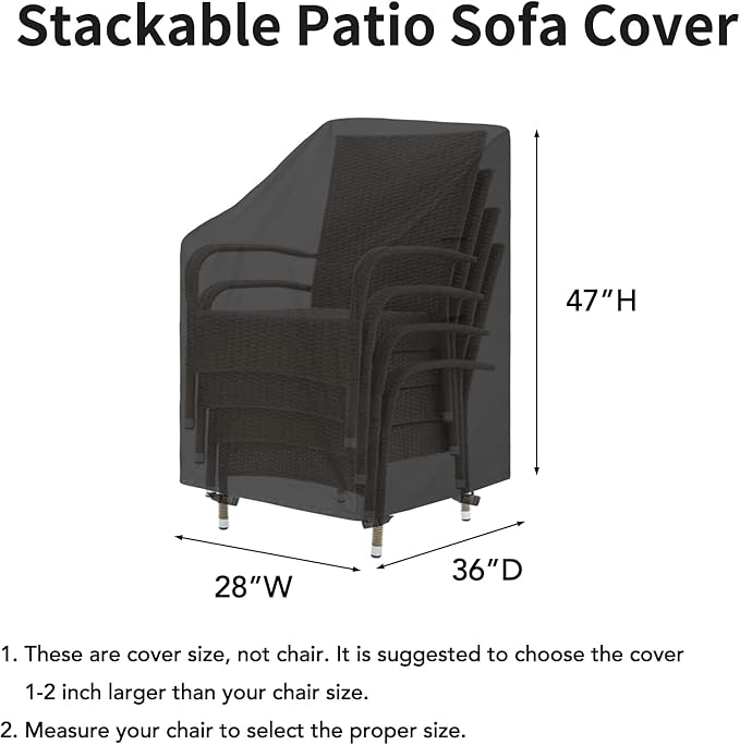 Easy-Going Stackable Patio Chair Cover UV Resistant Outdoor Chair Cover Waterproof Lawn Patio Furniture Covers Fits for 4-6 Stackable Dining Chairs (2 Pack-28Wx36Dx47H inch, Black)