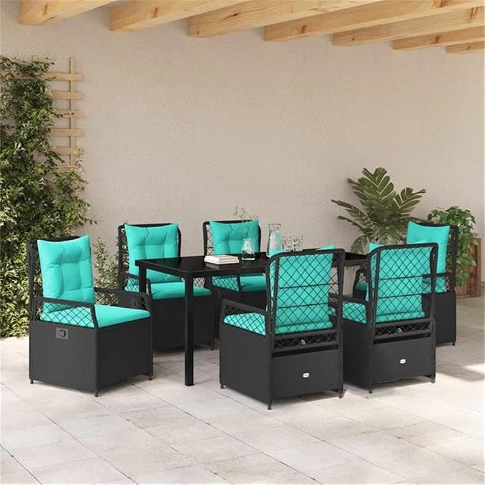 Afuera Living 7 Piece Patio Dining Set, Poly Rattan and Steel, Black, Glass Tabletop, Foam-Padded Chairs, Weather-Resistant, Modern Design for Garden, Terrace, Outdoor Dining and Relaxation