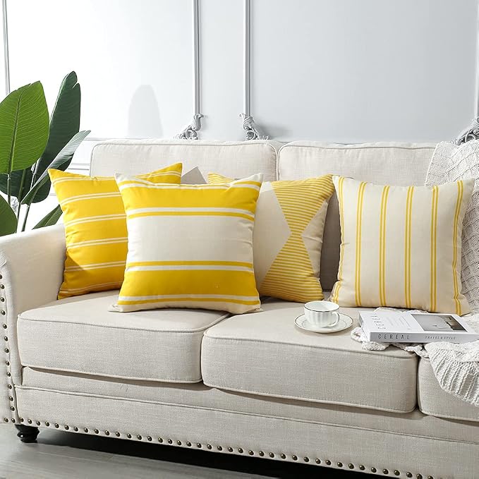 OTOSTAR Outdoor Waterproof Pillow Covers 18x18 Inch Set of 4 Geometry Linen Decorative Throw Pillow Covers Square Cushion Case Garden Throw Pillow Cases Pillows for Patio Furniture Couch Tent (Yellow)