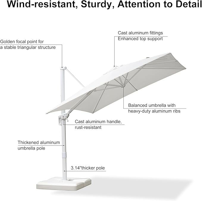 PURPLE LEAF 8 FT White Cantilever Patio Umbrella Aluminum Square Outdoor Offset Umbrella Hanging Windproof with 360° Rotation for Garden Deck Pool, White
