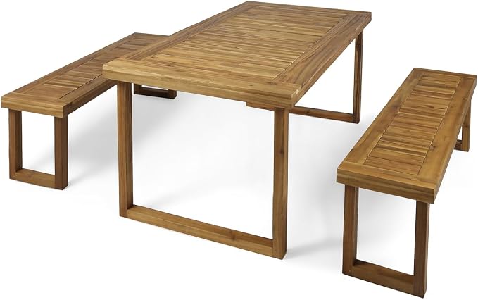 69'' Outdoor Patio Dining Table & 2 Bench for 4, Acacia Wood Dining Table Set Outdoor & Indoor Furniture for Patio Porch Garden, 3-Pcs, Sandblast Natural Finish