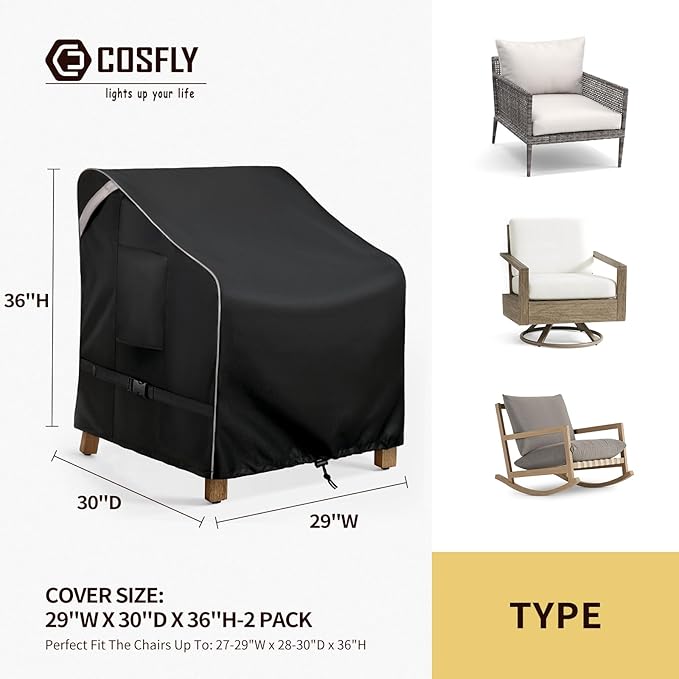 COSFLY Outdoor Patio Chair Covers Waterproof, Heavy-Duty UV-Resistant Furniture Covers, Adjustable Fit with Buckle Straps, Fits Chairs up to 29" W x 30" D x 36" H (2-Pack, Black)