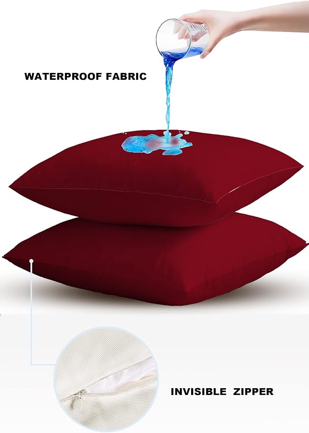 Outdoor Pillow Covers Waterproof, Solid Red Wine All Weather Cushion Case Set of 2, Pure Color Decorative Pillowcases for Sofa Couch Bed Decor Patio Furniture 24"x24"