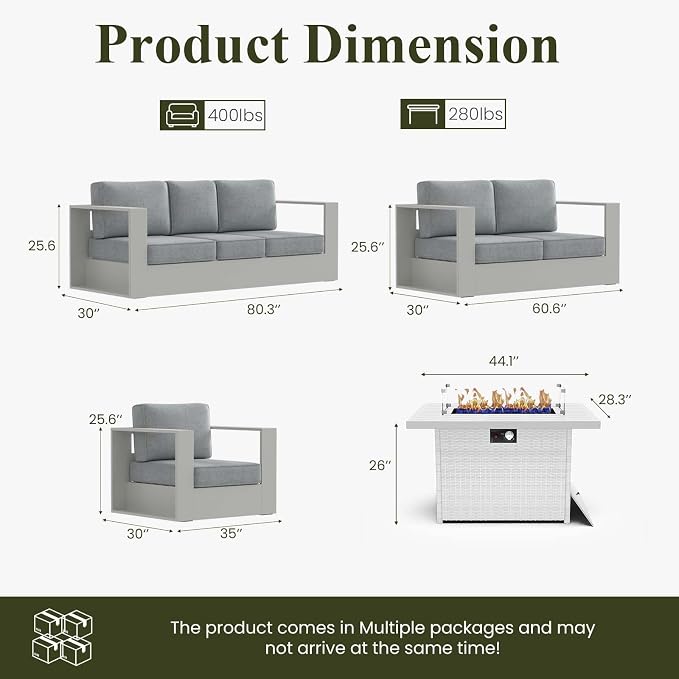 LayinSun Oversized Aluminum Outdoor Furniture Set, 5 Piece Patio Sofa Sets with Fire Pit Table, Deep Seating and Upgraded 6-inch Cushions for Porch, Balcony, Deck