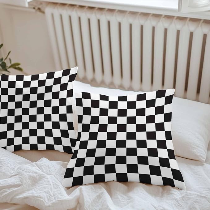 Throw Pillow Covers 20x20 Inch Set of 2, Simple Black White Checkered Waterproof Outdoor Cushion Covers, Lattice Buffalo Plaid Decorative Pillowcases for Couch, Sofa, Bed, Garden, Patio