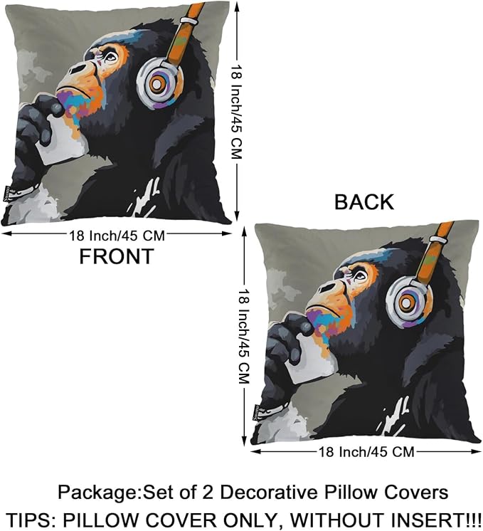 Swono Monkey Throw Pillow Case, Funny Chimpanzee Monkey Headphone Music Square Home Decorative Cushion Cover for 18 X 18 Inches Pillow Covers, 2 Pack Pillowcases for Bedroom Office Dorm Couch