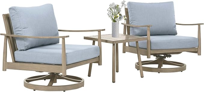 HAPPATIO Patio Conversation Set 3 Pieces, Outdoor Aluminum Conversation Furniture Set, 2 Swivel Chairs with Backrest Rope Design and 1 Side Table for Garden, Pool, and Lawn (Brown)