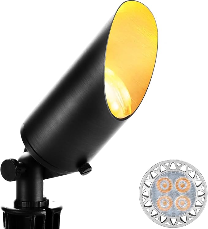 wowlite Landscape Spotlights Outdoor, 12V Low Voltage Landscape Lighting Fixture with 5W MR16 LED Bulb, 2700K Warm White Waterproof Black Aluminum Directional Uplight for Garden Courtyard Pathway