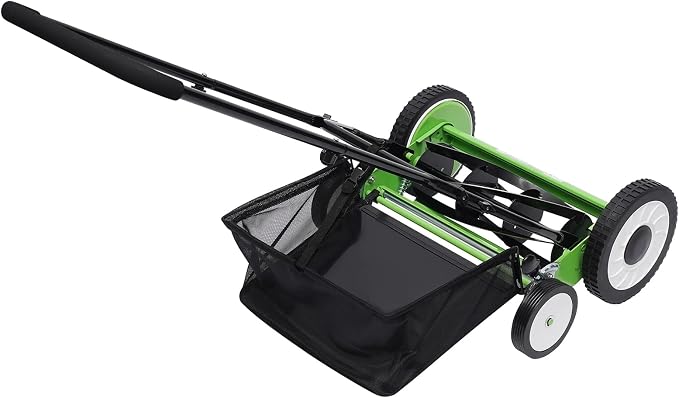 16-Inch 5-Blade Push Reel Lawn Mower, Walk Behind Manual Push Mower Adjustment Height and Removable Grass Catcher, Adjustable Cutting Height, Cordless Grass Cutter for Yard, Garden