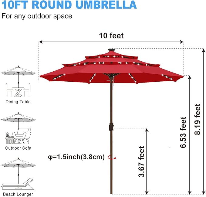 Eurmax USA 10-Year-Non-Fading 10FT 3-Tier Outdoor Patio Market Umbrella with LED Lights,UPF50+ UV Resistant,Commercial Grade,Crank Lift Design,Windproof Vented Top for Garden,Pool,Deck,Logo Red