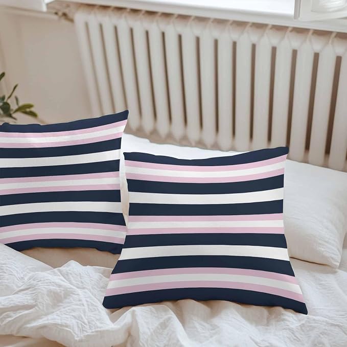 Pink Navy Blue Striped Waterproof Outdoor Pillow Covers Set of 2 Home Decor, Minimalist Abstract Lines Artwork Pillowcase Patio Pillow Covers for Couch Bench Furniture Garden 16x16in
