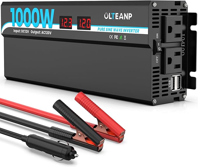 OLTEANP 1000W Pure Sine Wave Power Inverter with 2 AC Outlets, 2 USB Ports, LCD Display, 12V to 110V Car & Home Inverter for Vehicles, Laptop