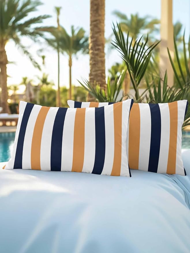 Outdoor Pillows Waterproof, Burnt Orange Navy Blue Striped Bedding Throw Pillows with Insert for Couch Sofa Bed, Farmhouse Stripe Art 12x20 Inch Pillowcases Camping Patio Pillow Set of 2