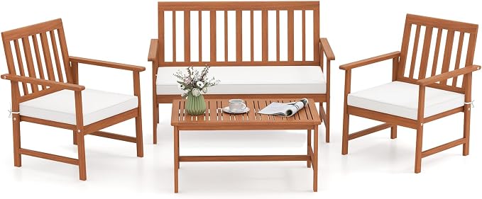 Tangkula 4-Piece Acacia Wood Patio Conversation Set, Outdoor Furniture Set with 2 Armchairs, Loveseat, Coffee Table, Soft Cushions, Slatted Sofa and Chairs Set for Deck, Backyard (Off White,1)
