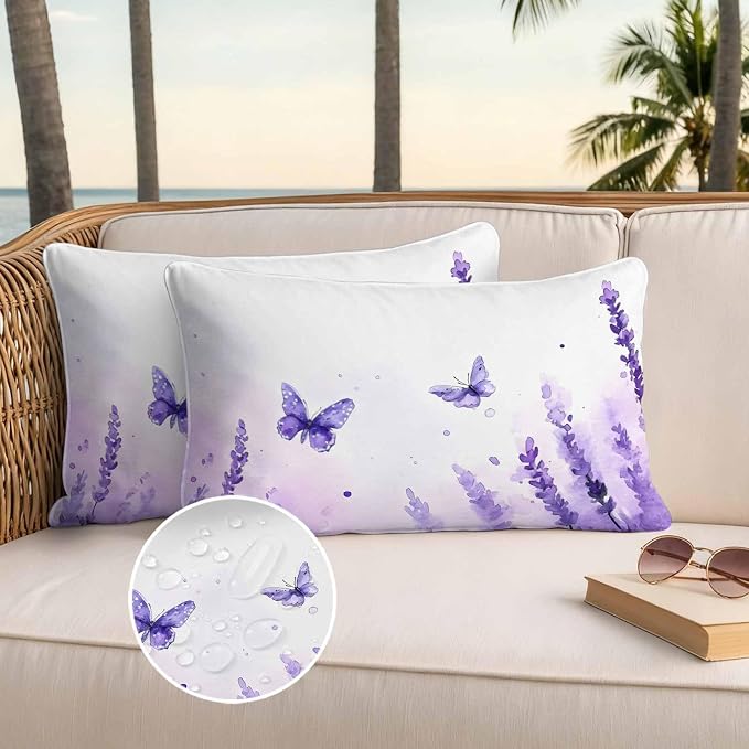 Spring Purple Lavender Outdoor Waterproof Throw Pillow Covers Set of 2, 20"x12", Country Watercolor Purple Floral Butterfly Decorative Pillow Covers Outside Cushion Case for Patio Porch Garden