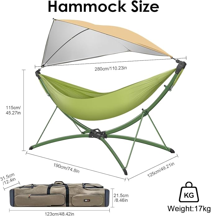 Portable Outdoor/Garden Hammock with Folding StandStand, Adjustable Sunshade Canopy and Storage Bag, Adult/Child Hammock Chair for Camping, Home Gardens, Hotels, Beaches,Forest (Green)