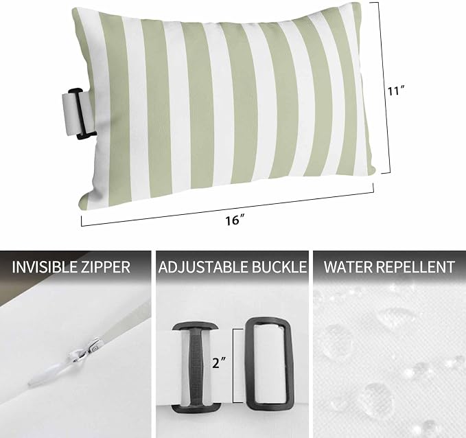 Sage Green Striped Outdoor Chaise Lounge Head Pillow with Insert,Modern Farmhouse Sage Green White Stripes Waterproof Lumbar Pillow Cusion Cover with Elastic Strap for Patio Recliner,11"x16" 1PCS